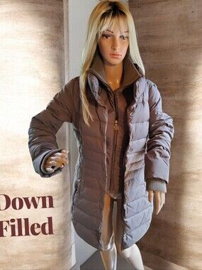 Tahari Taupe Double Layer Mid Length Quilted Down Puffer Jacket/Coat
